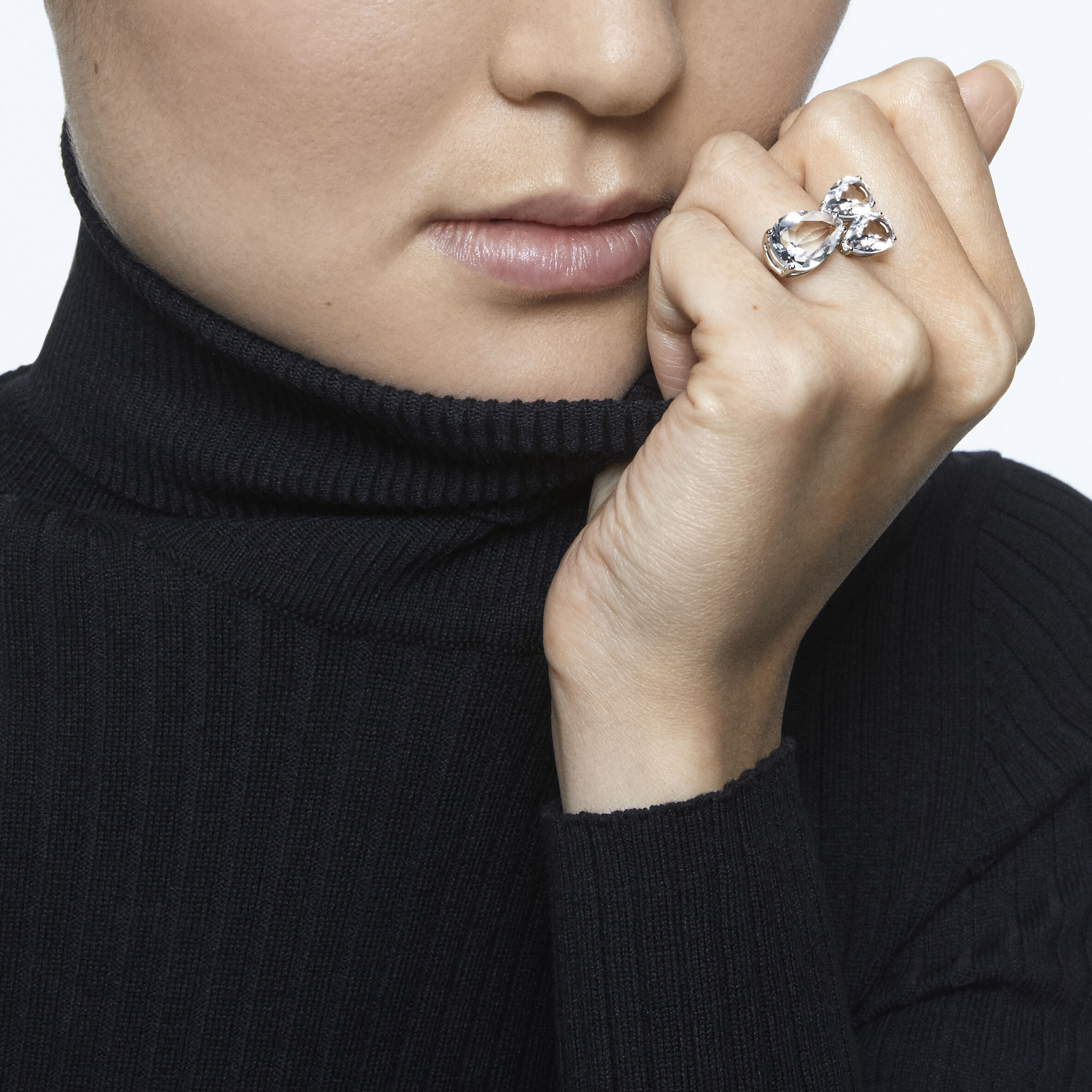 Millenia cocktail ring Pear cut crystals White Rhodium plated
